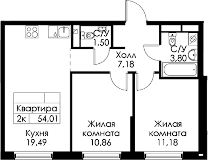 2-комнатная квартира 54.01 м², 1/15 эт., ЖК «Янинский лес»